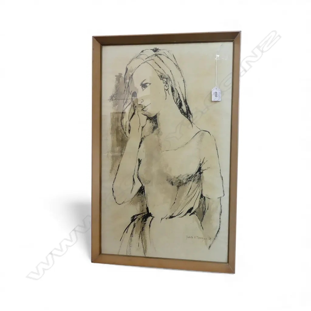 JUDITH V. TREVELYAN, PORTRAIT OF A WOMAN, INK ON PAPER, SIGNED & DATED '64 575x350mm Image 1++