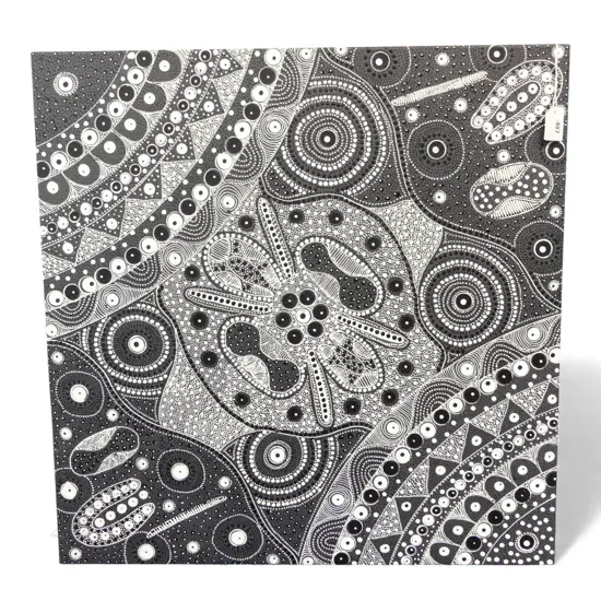 ABORIGINAL ARTWORK, SIGNED & CANVAS STAMPED VERSO 'SUPPLIED BY MBANTUA GALLERY' 600x600mm