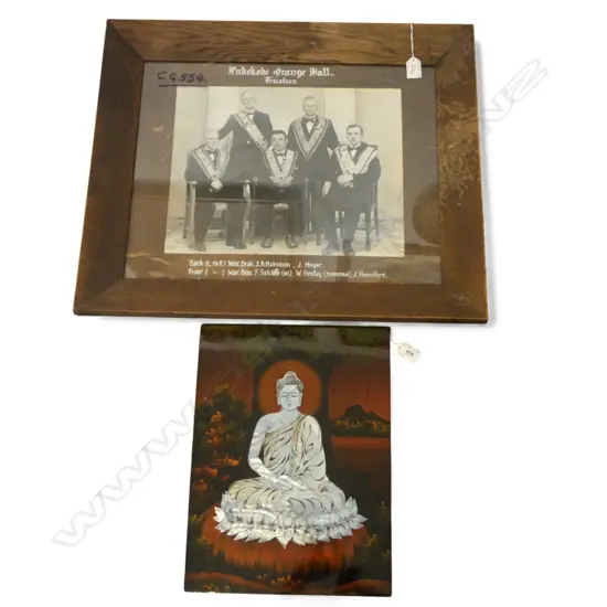 LRG OAK FRAMED MASONIC PHOTOGRAPH & ASIAN LACQUERED ARTWORK