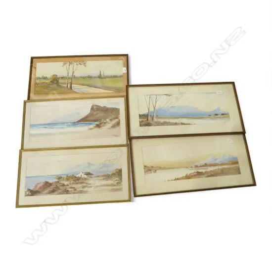 SET 5 GOUACHE PAINTINGS BY H. ANDERSON (South African): Near Caledon + Cape Flats + Table Mountainetc 200 x 500mm approx