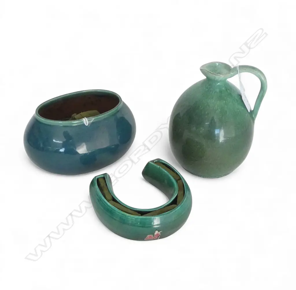 SOUTH AFRICAN POTTERY PCES: 2 X 'GLOBE' vase + jug + 'LUCIA WARE' trough horseshoe vase Image 1++