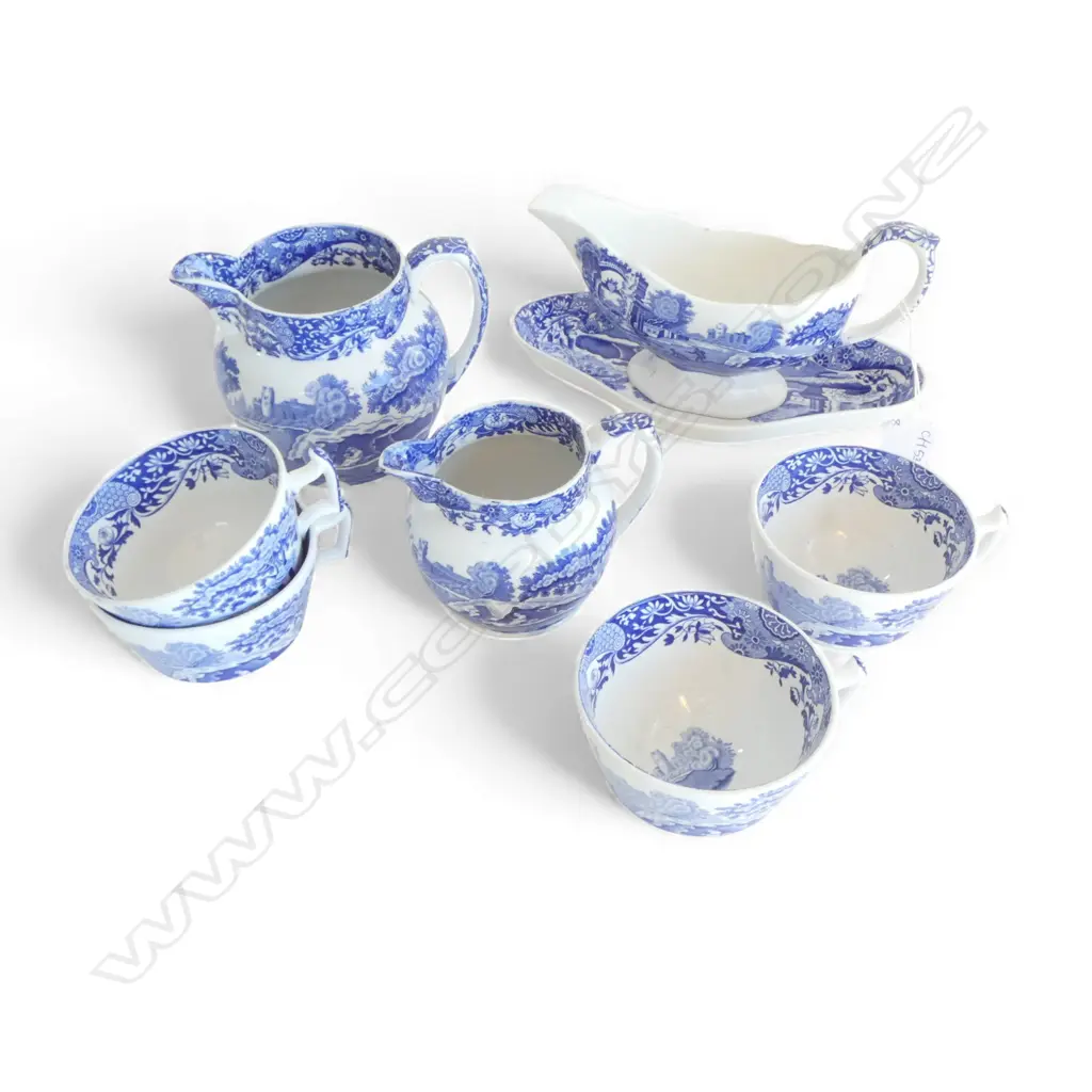8 PCES SPODES ITALIAN; 4 CUPS, 2 JUGS, SAUCE BOAT (CHIP) & DISH W.225mm Image 1++