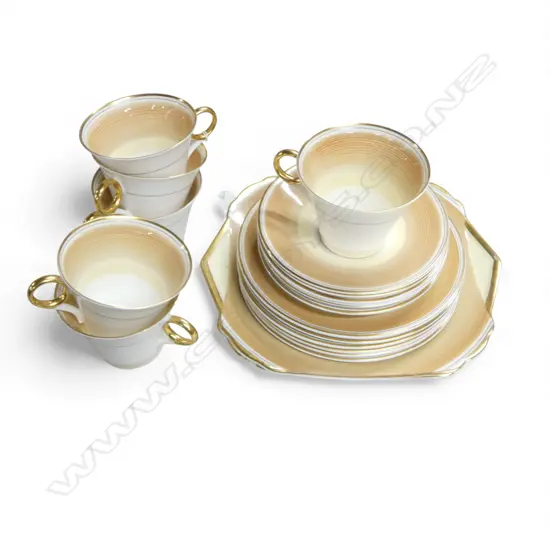 SHELLEY CHINA TEASET 6 CSPS & 2 CAKE PLATES TAN DECO PAT