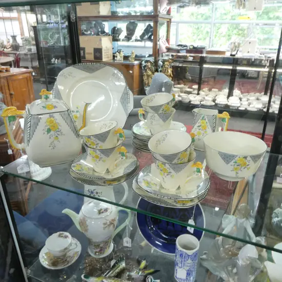 BURLIEGHWARE DECO TEASET TEAPOT C/SUGAR CAKE PLATE & 6CSPS MAYTIME PAT