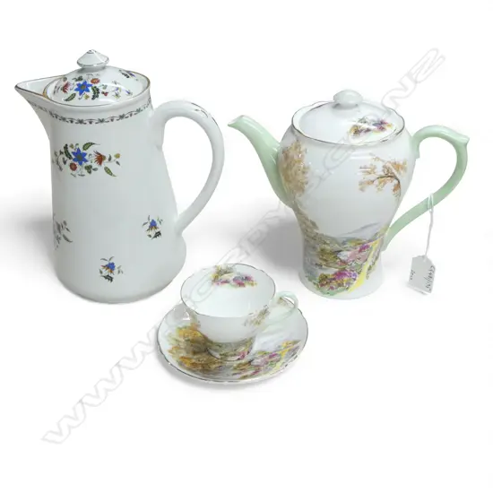 2 SHELLEY CHINA COFFEE POTS & 1 MATCHING COFFEE CAN