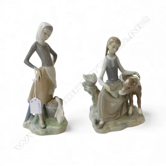 2 LLADRO FIGURINES; GIRL w. CALF (1 EAR MISSING) & GIRL w. GOOSE H.230mm
