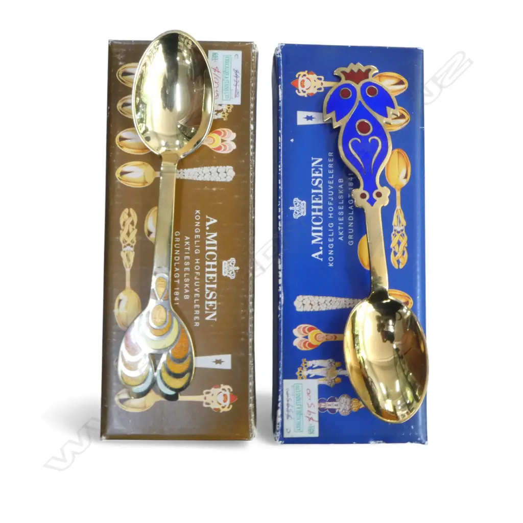 2 A. MICHELSEN DENMARK BOXED SILT STG SILVER & ENAMEL SPOONS  Image 1++