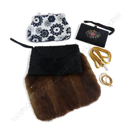 3 VINATGE HANDBAGS + WEST GERMAN GILT BELT + RABBIT FUR MUFF