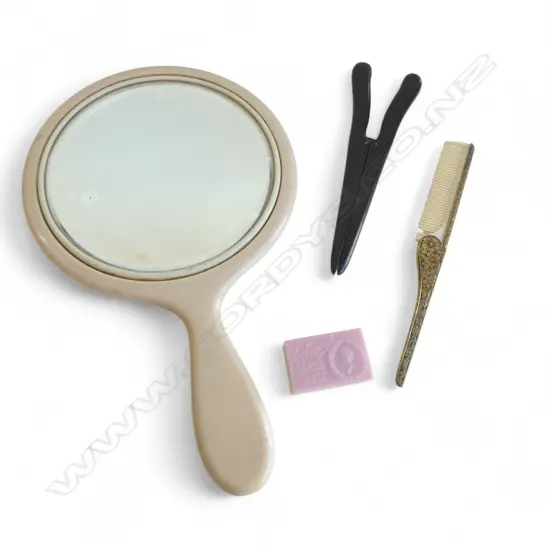 IVORINE 'BONE' VANITY MIRROR, COMB, GLOVE STRETCHER & 'THE LAUREL' SAFETY RAZOR
