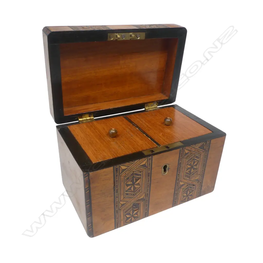 Small Tunbridge inlaid two compartment tea caddy. Some losses, 180 x 110 x 115mm. Image 1++