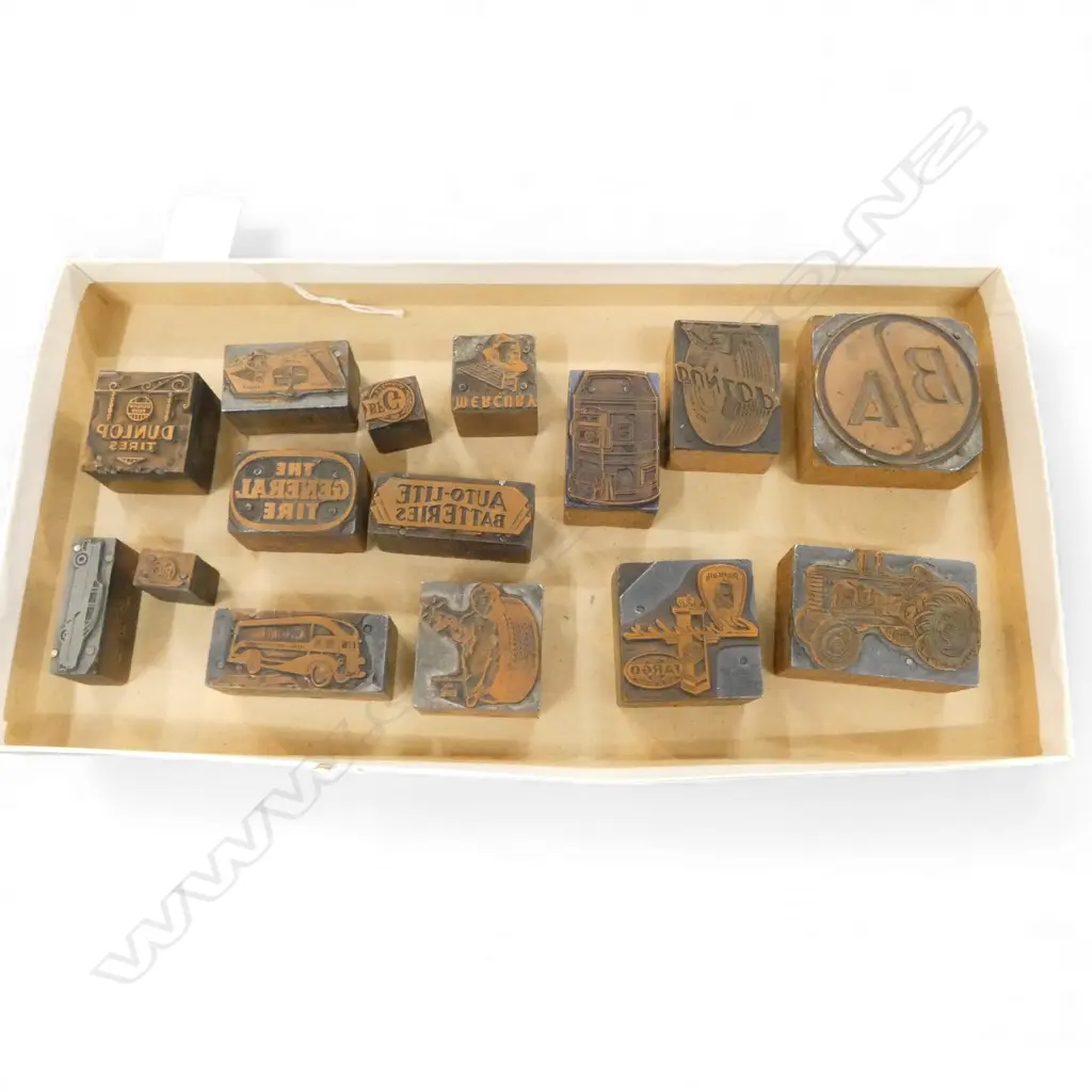 COLLECTION 15 VINTAGE COPPER + OTHER PRINTERS BLOCKS: tractor + bus + 'Dunlop' tyre + Fargo Chrysler etc Image 1++