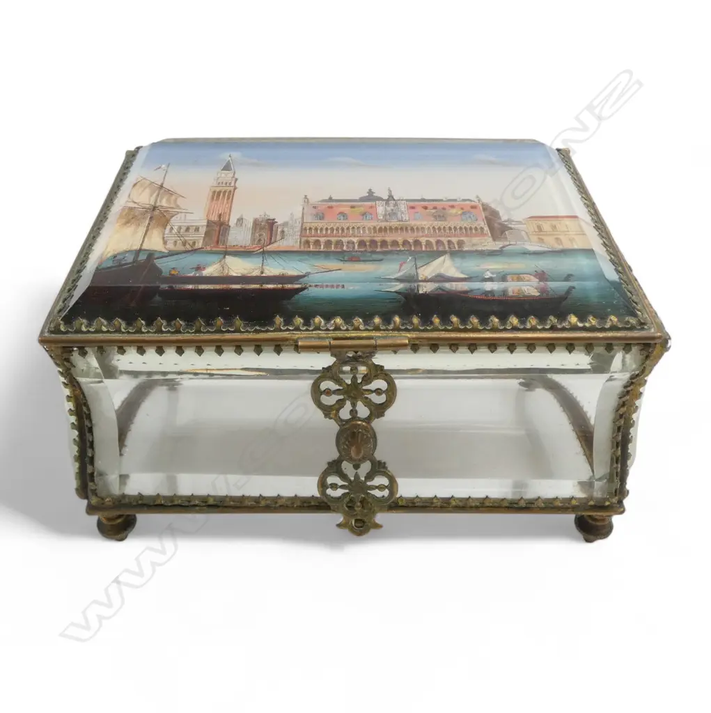 VICTORIAN GLASS BOOK FORM JEWELLERY CASKET the lid with coloured Venetian scene Doge's Palace etc. 140 x 125 x 75mm. Image 1++