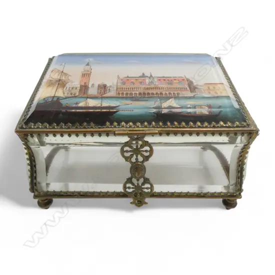 VICTORIAN GLASS BOOK FORM JEWELLERY CASKET the lid with coloured Venetian scene Doge's Palace etc. 140 x 125 x 75mm.