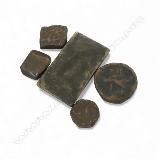 4 OLD BRONZE COINS + Middle Eastern die / stamp of tablet form