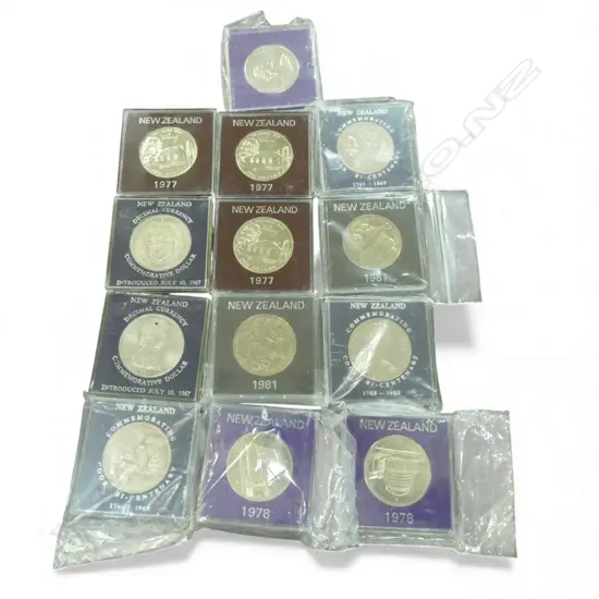 13 NZ UNC DOLLAR COINS in plastic cases 1970's & 80's