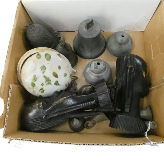 ASST PIECES incl: NEPALESE BUDDHIST BELLS & AMULETS, CHINESE LIDDED CERAMIC BOX & PR AFRICAN EBONY CARVINGS