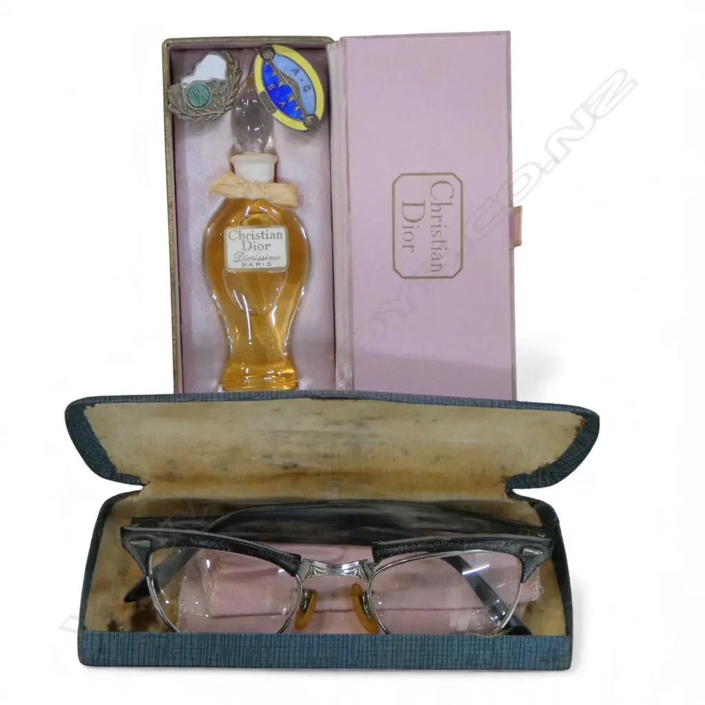CHRISTIAN DIOR vintage cased PERFUME BOTTLE + 2 Auckland Bowling Coaches Association ENAMEL BROOCHES + SPECTACLES  Image 1++