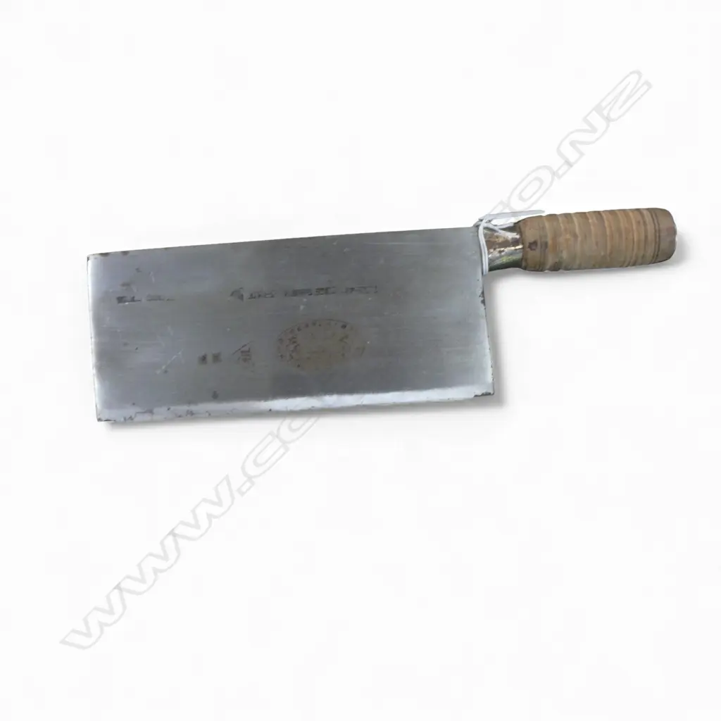 VINTAGE HONG KONG BONE CLEAVER 'HO CHING KEE LEE SHING KEE' wood handle. Thick heavy weight blade.. L.340mm Image 1++
