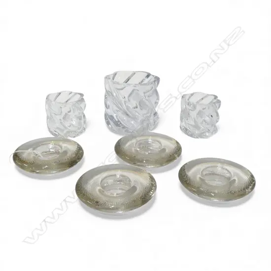 7 GLASS CANDLE HOLDERS (4 115mm dia + PR + 1)