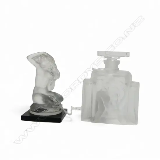 LALIQUE FROSTED CRYSTAL KNEELING NUDE FIGURINE, SIGNED & DESNA NUDE SCENT BOTTLE w LABEL