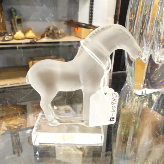 LALIQUE FROSTED CRYSTAL TANG HORSE PAPERWEIGHT, H.100 x 80mm, SIGNED
