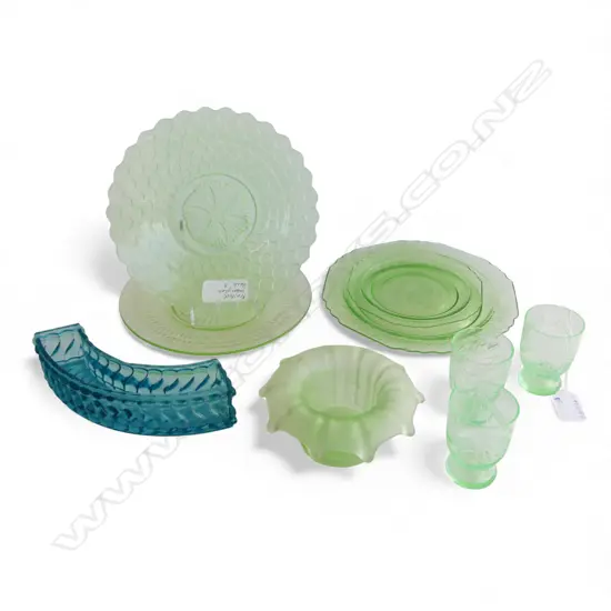 9 PCES URANIUM GLASS; 4 PLATES, 2 VASES, 3 CUPS