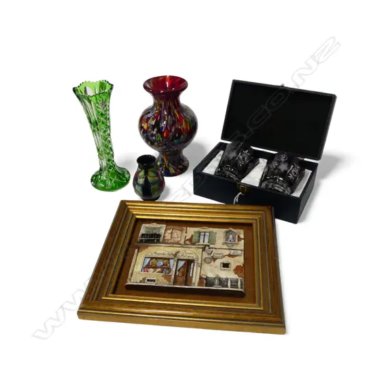 2 GLASS VASES H.230mm, 2 ELBE CRYSTAL TUMBLERS (BOXED), MOORCROFT VASE H.95mm, ITALIAN ARTWORK