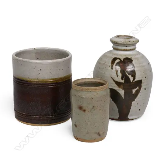 3 NZ STONEWARE PIECES: BRICKELL (lid absent), STITCHBURY & poss. HELEN MASON, Tallest: H.113mm