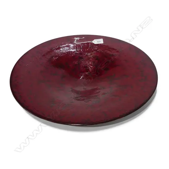 KEUM SUN LEE BURGUNDY WIDE DISH w  SHALLOW WELL, 410mm