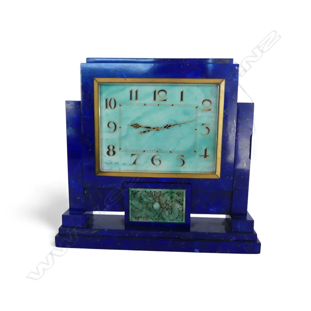 STUNNING  & UNUSUAL ART DECO LAPIS LAZULI MANTEL CLOCK JADE PANEL TO BASE 260x65x230mm - SOME FAULTS Image 1++