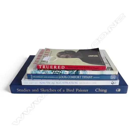 5 BOOKS; CHING STUDIES OF A BIRD PAINTER (2 PAGES AF), NAUTICAL ILLUSTRATION, TIFFANY, FLAT TO THE BOARDS, TRUE RED 