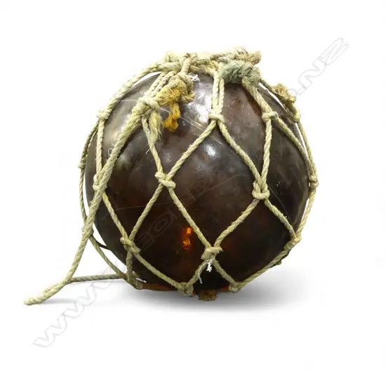 OLD GLASS FISHING FLOAT w. NETTING 350mm dia