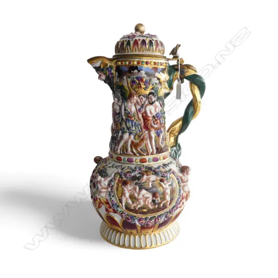 Large & impressive early / mid 20thC CAPODIMONTE FANCY LIDDED URN. H.430mm. Restored finial