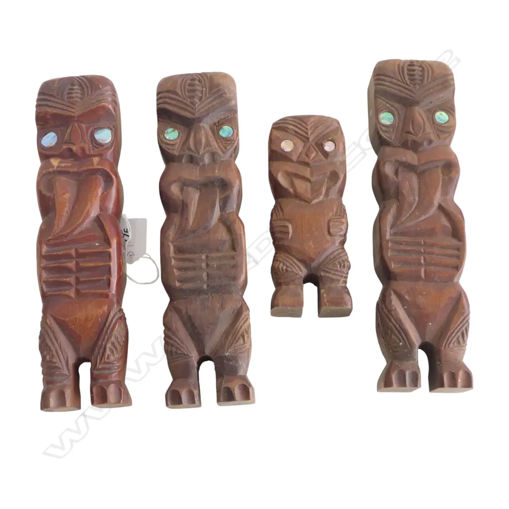 4 VINTAGE CARVED MAORI TEKOTEKO, PAUA EYES, H.255, 160mm Image 1++