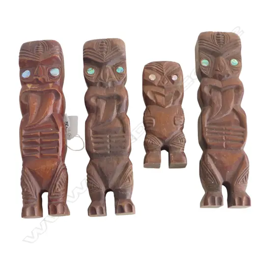 4 VINTAGE CARVED MAORI TEKOTEKO, PAUA EYES, H.255, 160mm