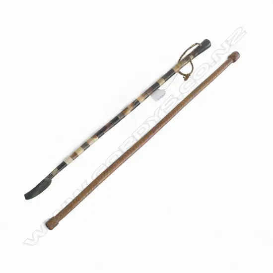 2 VINTAGE RIDING CROPS; WRAPPED LEATHER & HORN L.610mm