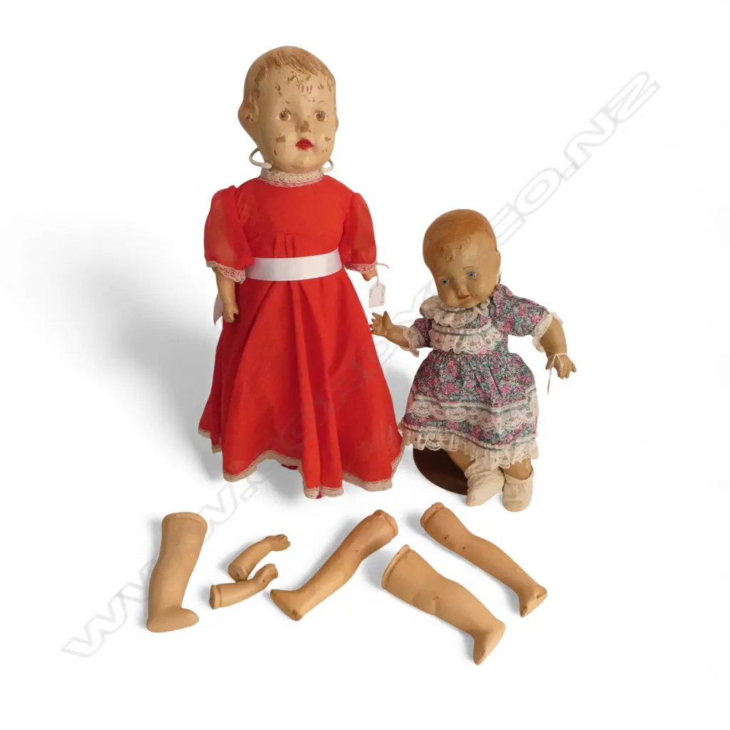 2 VINTAGE NZ MADE DOLLS on stands, H.550 & 350mm & BOX 6 LIMBS A/F Made by PP Ltd, Hamilton,(Plastic Products) 1940s. Image 1++