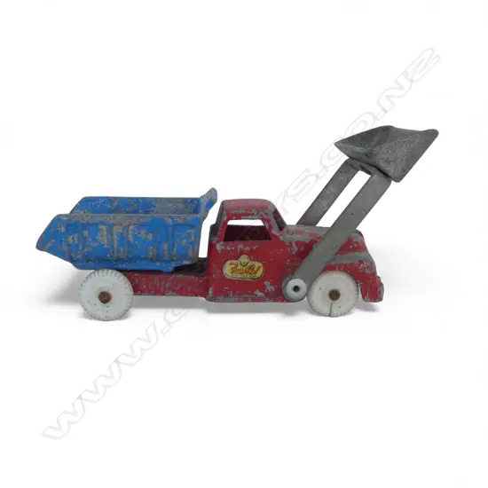 FUN HO! VINTAGE TIP TRUCK red & blue with white wheels (front cracked).Paint showing some wear. L.210mm with bucket down