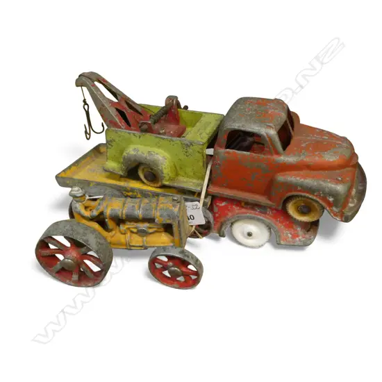 3 x FUN HO! VINTAGE VEHICLES: tip truck + tow truck (later fish hook) + old tractor