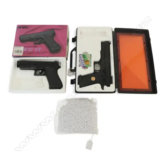 2 BOXED AIR SOFT PISTOLS; BLACK GLOCK 17 & P169 + PELLETS