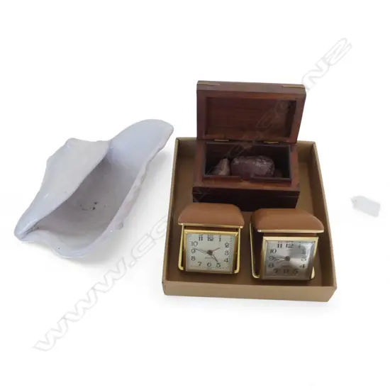 2 EQUITY TRAVEL CLOCKS , PORCELAIN SHELL, 4 STONES & BOX