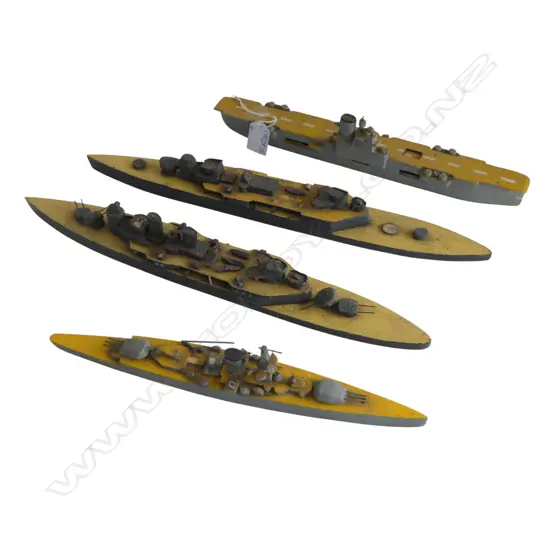 4 VINTAGE WOODEN MODEL BATTLE SHIPS some faults longest 400mm