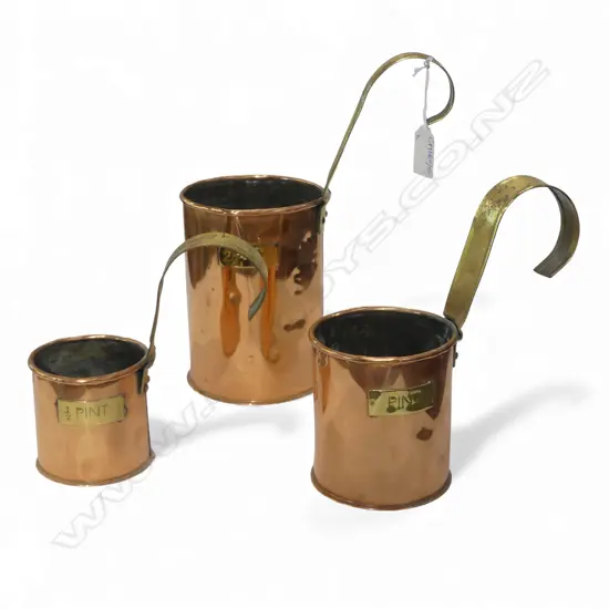 3 COPPER MEASURES; 1/2, 1, 2 PINTS H.240mm