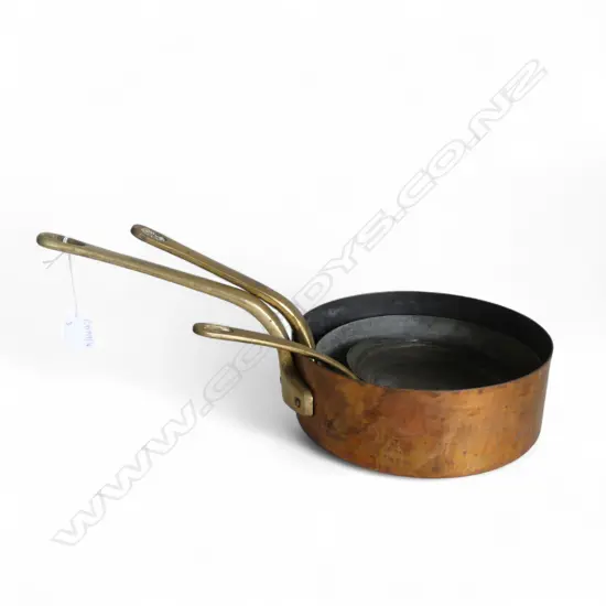 3 ST. CLAIR COPPER SAUCEPANS LARGEST 230mm dia