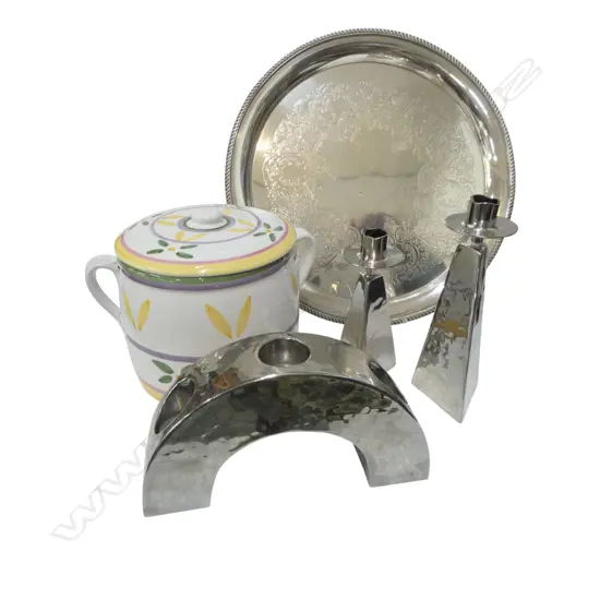 EP TRAY 400mm dia, 3 CANDLESTICKS, CANDLE IN LIDDED JAR, BODUM DECANTER