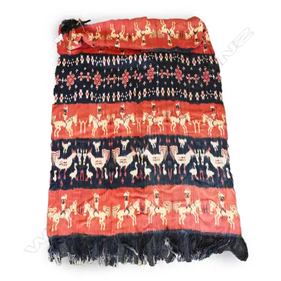 20thC INDONESIAN IKAT FABRIC, FIGURES ON HORSES & CHICKEN MOTIFS, BANDS OF RED & INDIGO, 2030 x 1090mm