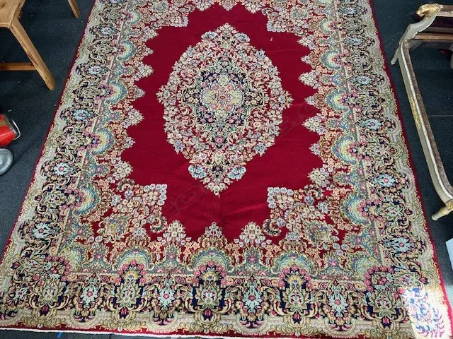Very large Persian Kerman hand knotted carpet w curvilinear tendril design. Red ground. 4000 x3030mm. Some insect damage Image 1++