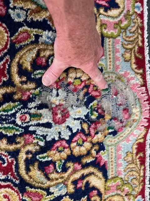 Very large Persian Kerman hand knotted carpet w curvilinear tendril design. Red ground. 4000 x3030mm. Some insect damage Image 1++