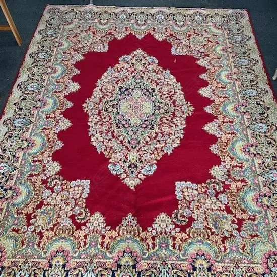 Very large Persian Kerman hand knotted carpet w curvilinear tendril design. Red ground. 4000 x3030mm. Some insect damage