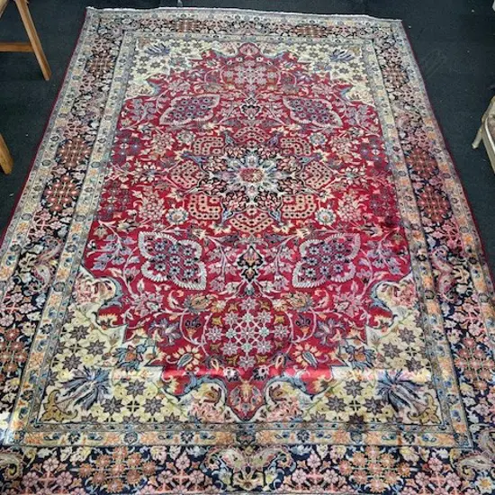 Very large Persian Kerman hand knotted carpet w curvilinear tendril design. Red ground. 4200 x 2900mm. Some dye run